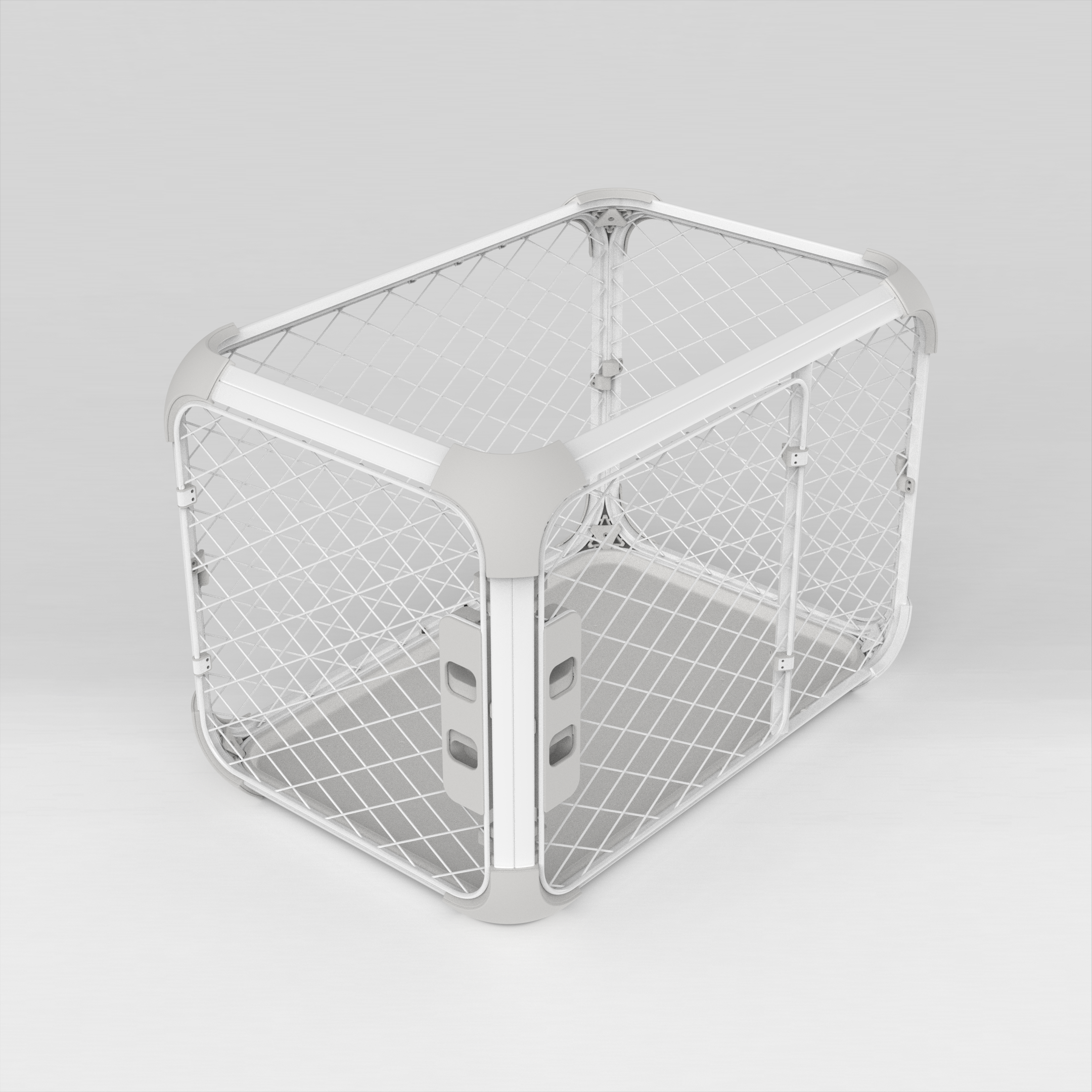 Diagonal front view of Evolv Dog Crate in Playpen Mode, with ceiling mesh removed and additional top frame added.