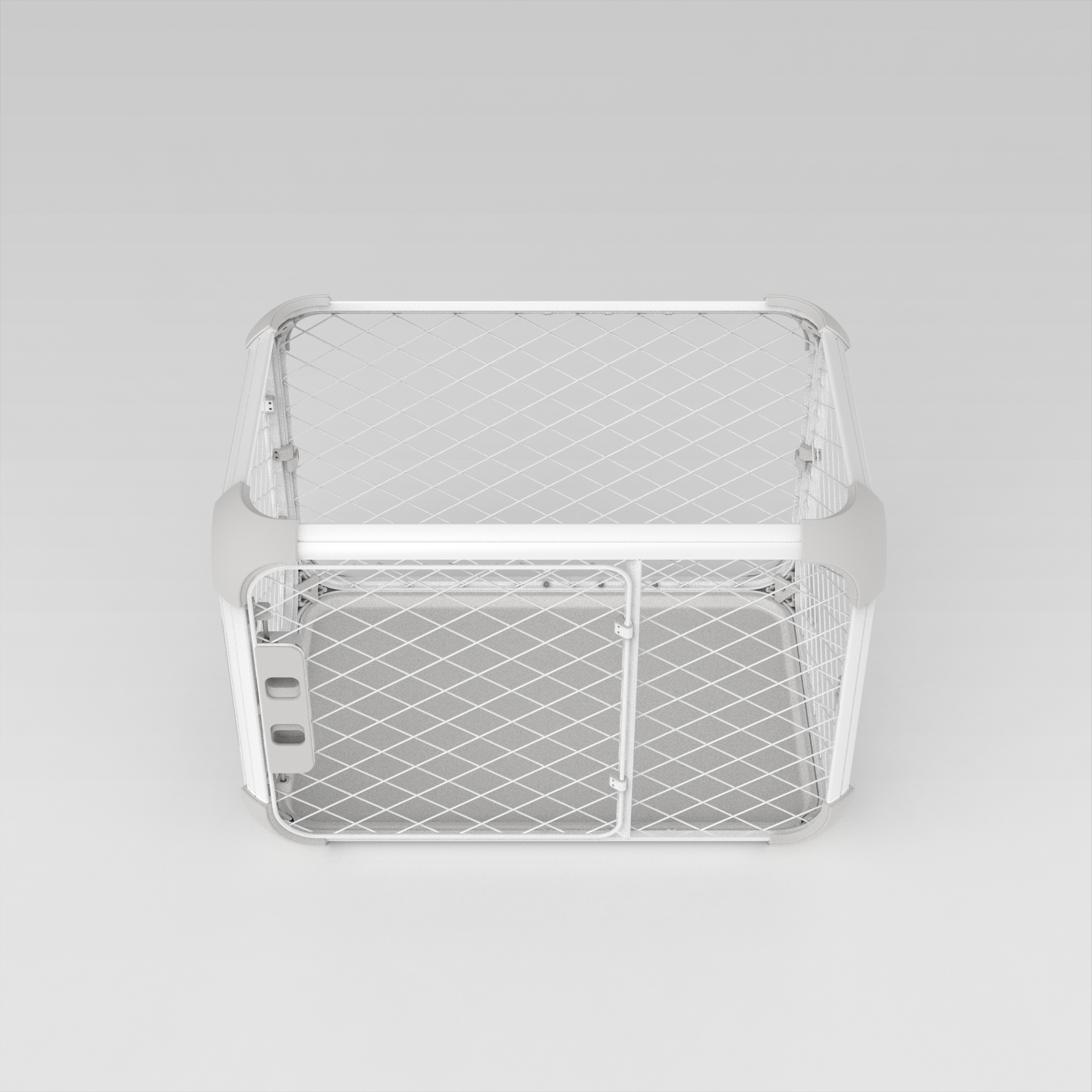 Side view of Evolv Dog Crate in Playpen Mode, with ceiling mesh removed and additional top frame added.