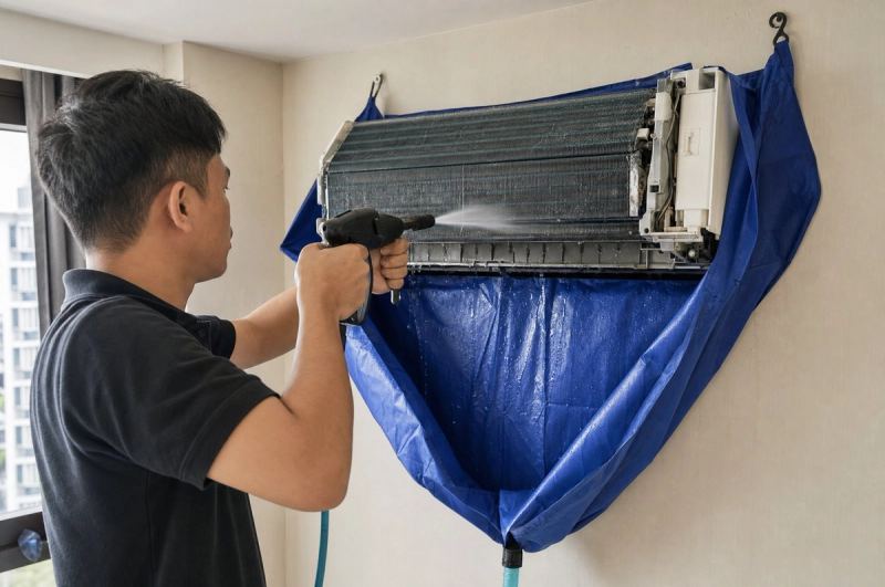 Teknisi Clean Your AC menyemprot evaporator AC split yang sudah dipasangi plastik steam saat cuci AC
