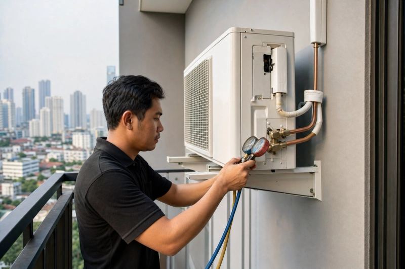Teknisi Clean Your AC memeriksa unit outdoor AC di balkon apartemen Kelapa Gading