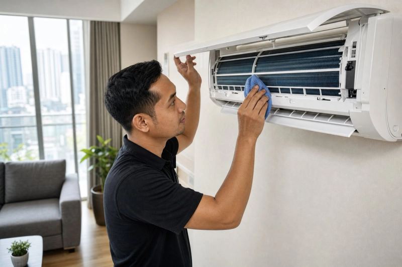Teknisi Clean Your AC membersihkan unit indoor AC split di apartemen Kelapa Gading