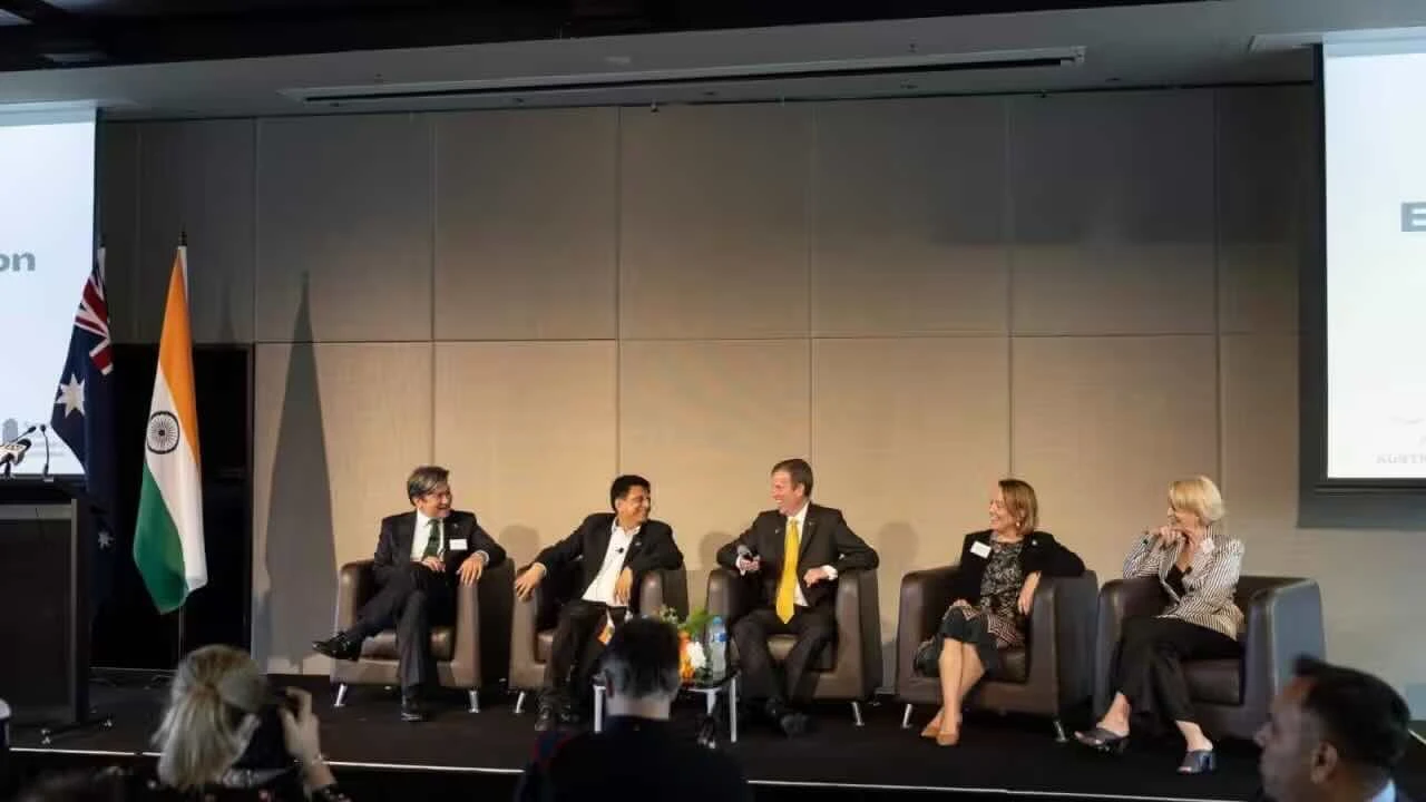 Indian Commerce Minister Piyush Goyal (second from left) with Australian Trade Minister Dan Tehan (third from left). Source: Supplied by Australia India Chamber of Commerce (AICC)