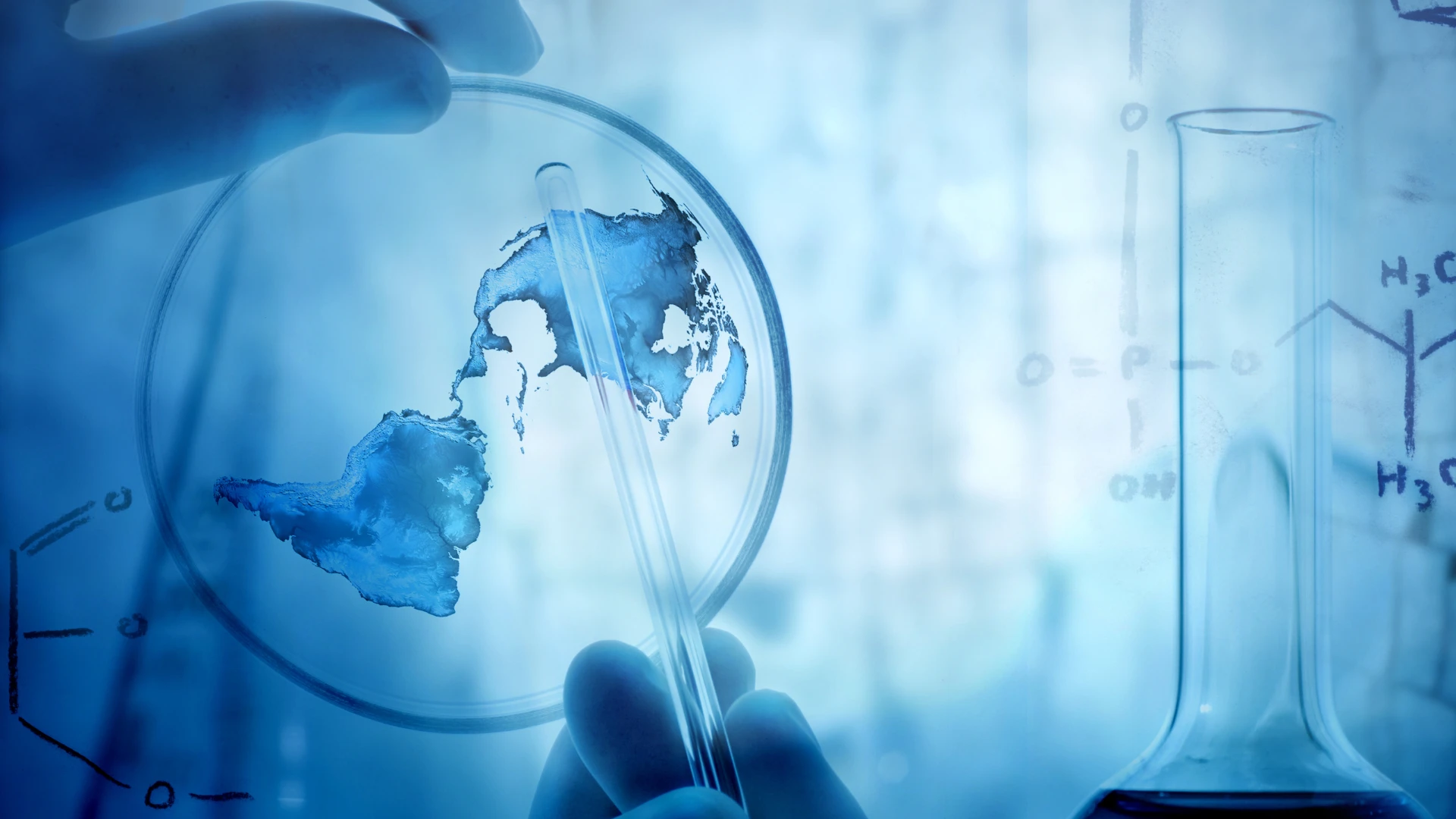 Gloved hand holding a petri dish with a world map inside, symbolising global scientific research and innovation