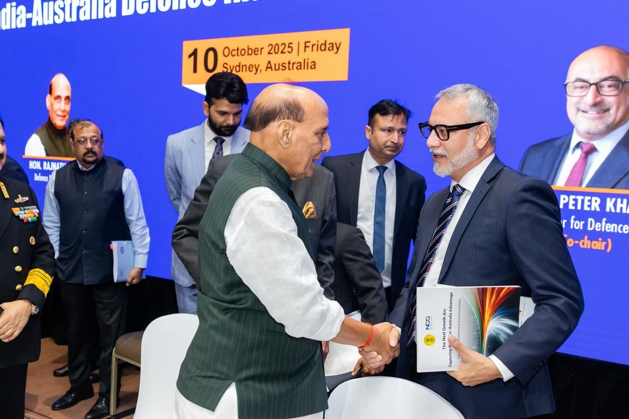 Dipen Rughani shaking hands with Defence Minister of India (2025) Shri Rajnath Singh