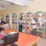 Library bookshelves and reading area