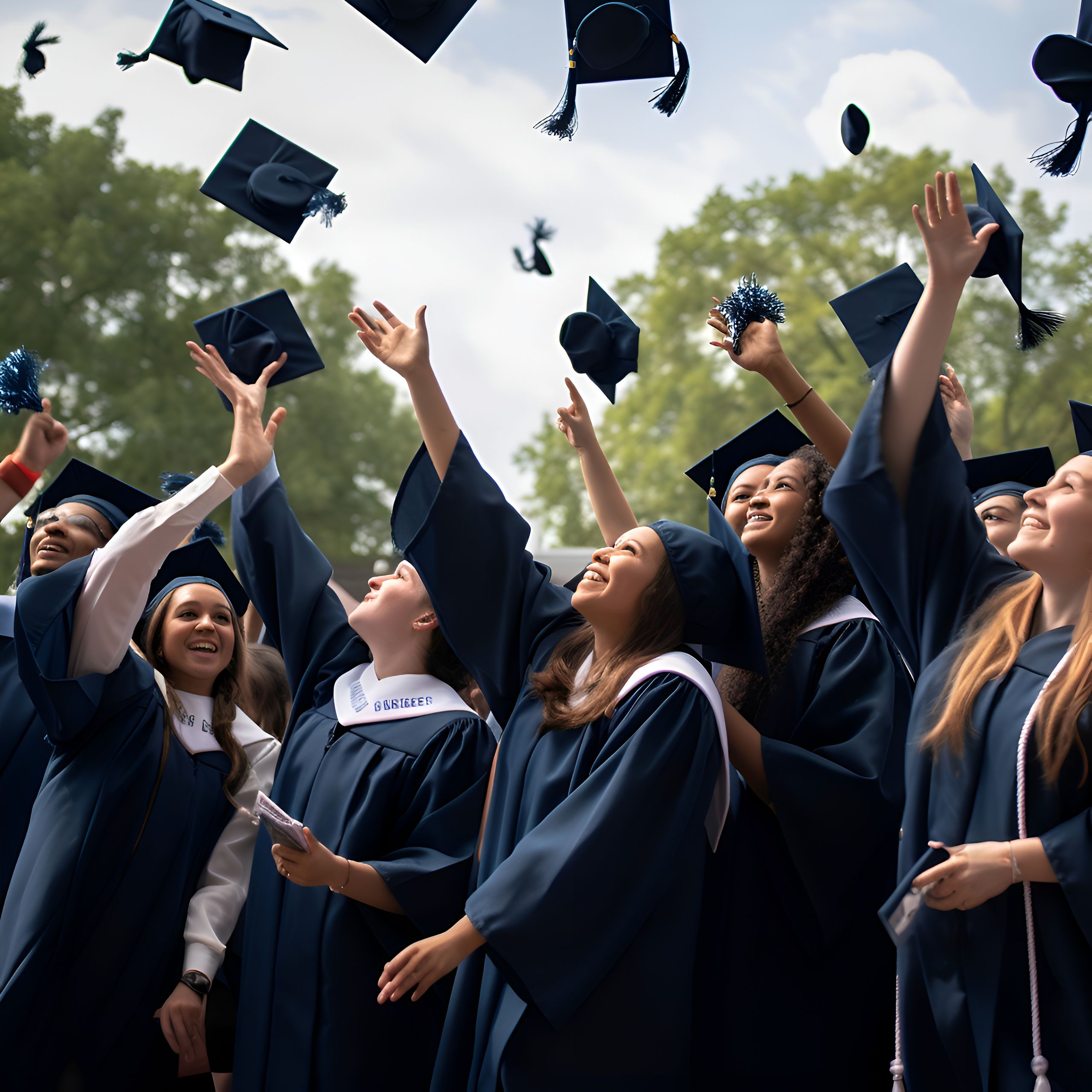 Graduates in gowns throwing their caps in the air