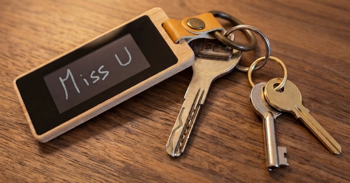 The Lovebox KEEP keychain on a wooden table beside a set of keys, showing a handwritten message reading Miss U