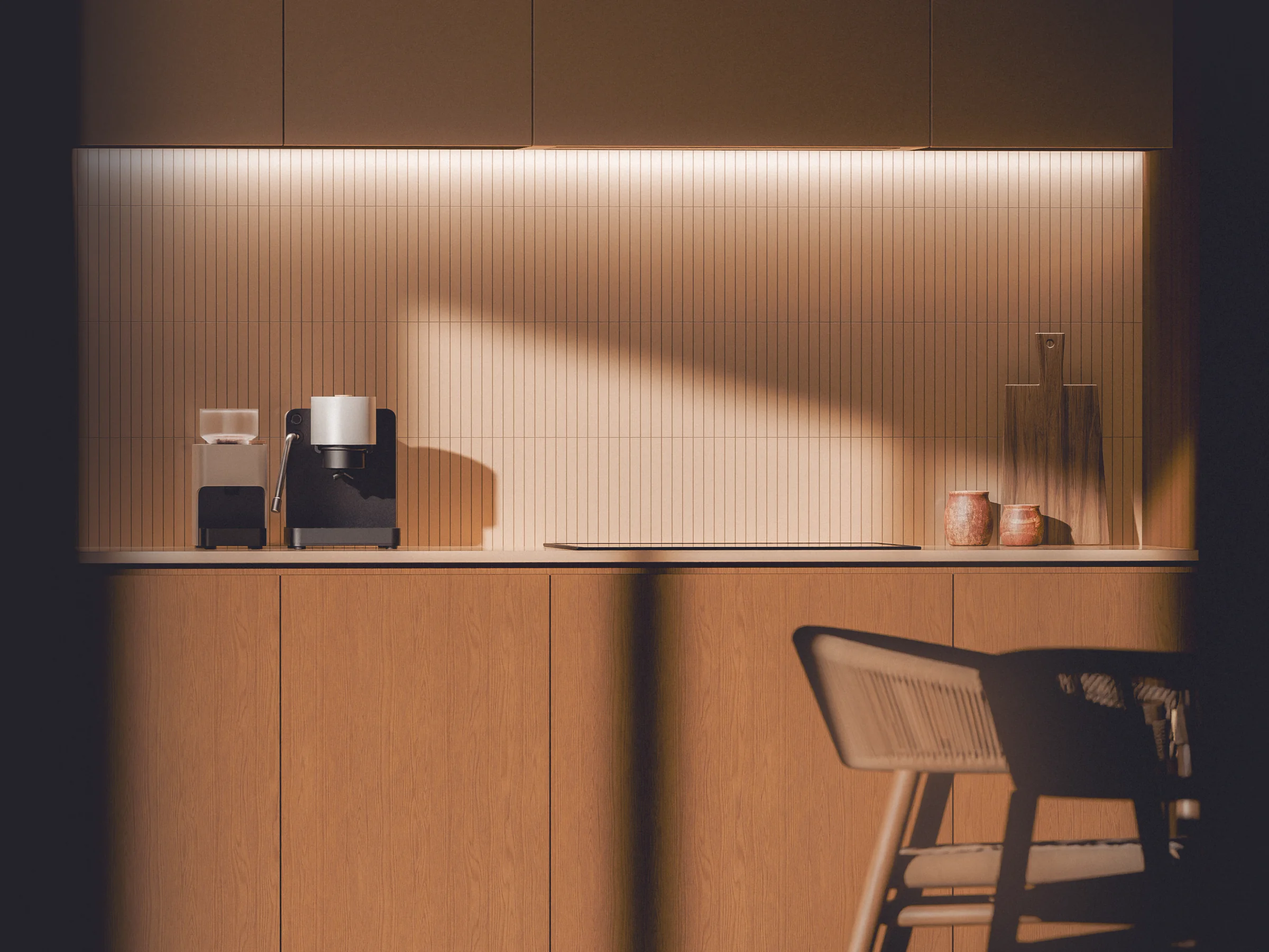 The datum.coffee espresso machine and grinder in a kitchen