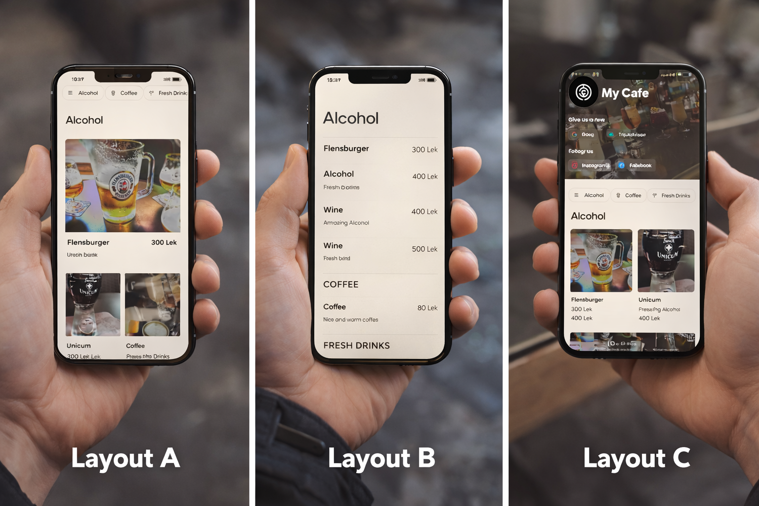 Three QR menu layouts with brand color customization for cafes and restaurants