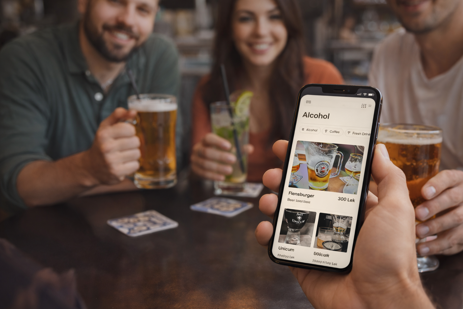 Public QR code menu view on mobile with sections and items