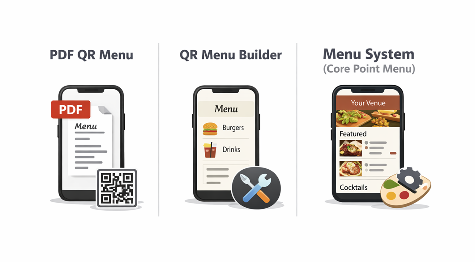 Types of QR code menus: PDF menu, QR menu builder, mobile-first menu system