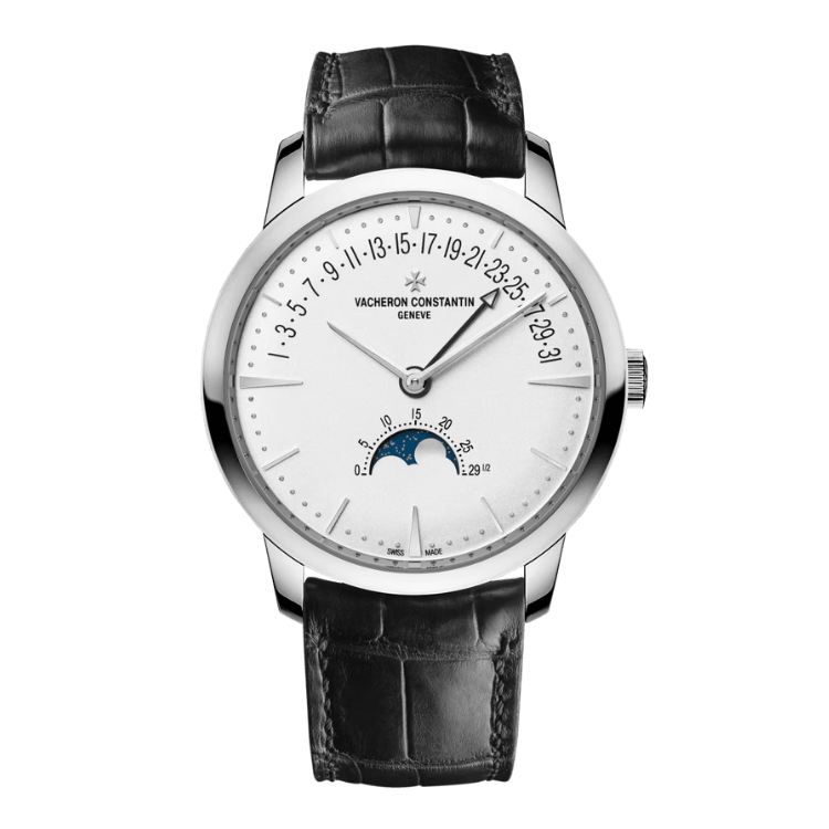 Vacheron Constantin Patrimony Moon Phase Retrograde Date Silver White Gold Alligator Leather 42.5mm
