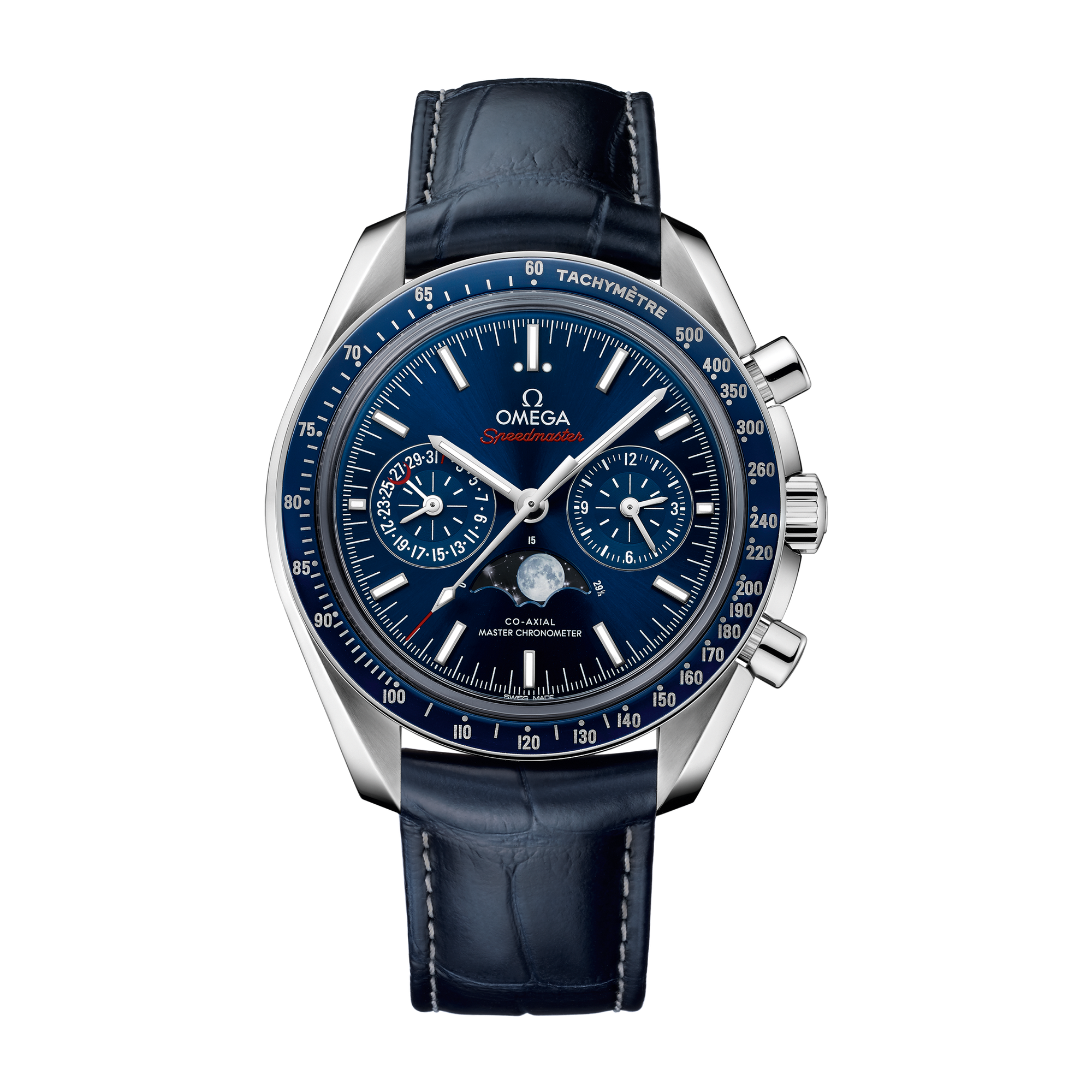 Omega Speedmaster Moonphase Blue Steel Alligator Leather 44.3mm