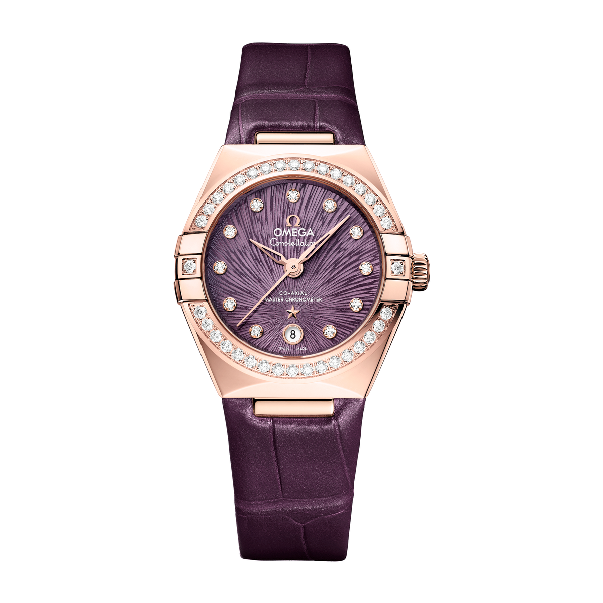 Omega Constellation Purple Rose Gold Alligator Leather 29mm