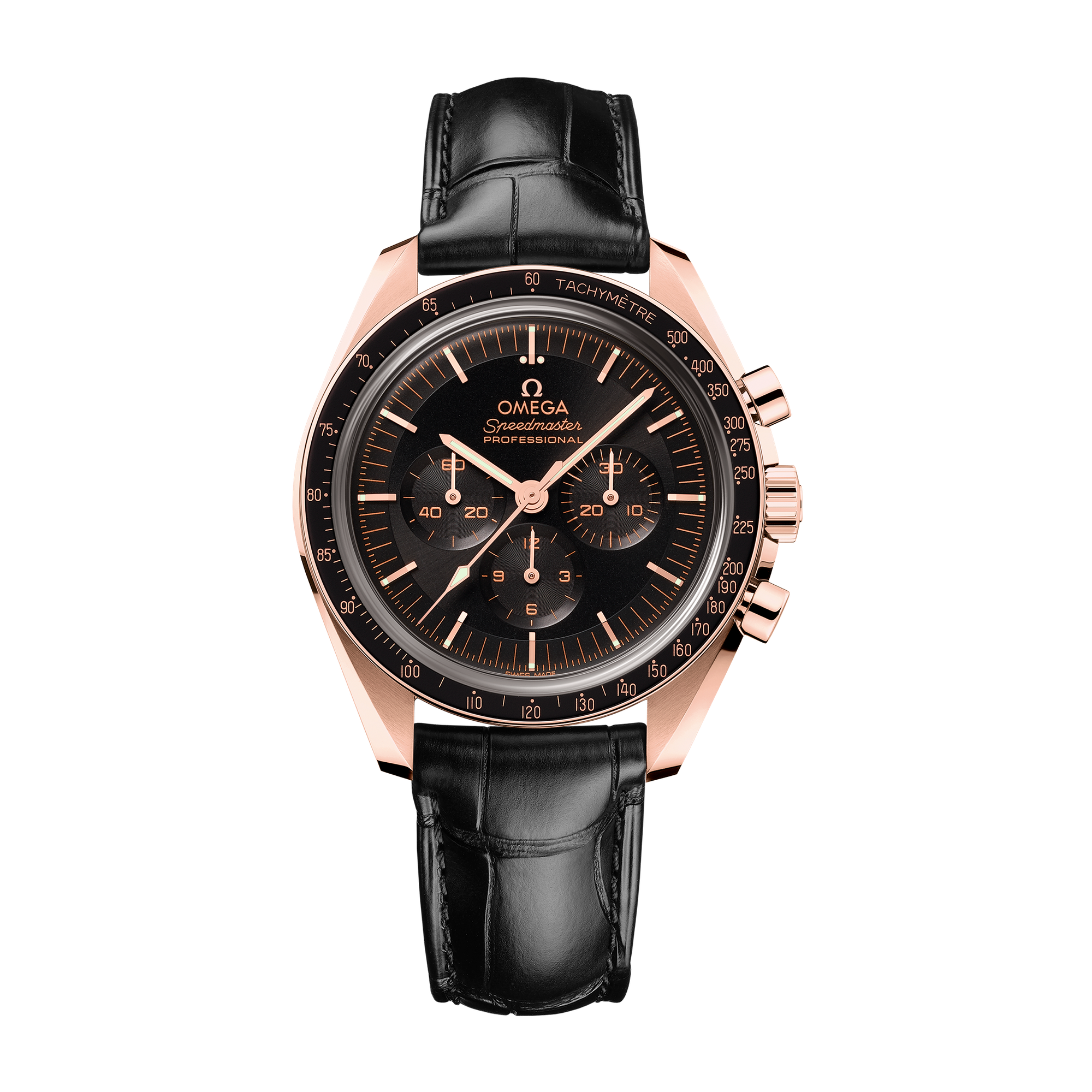 Omega Speedmaster Moonwatch Professional Black Rose Gold Alligator Leather 42mm