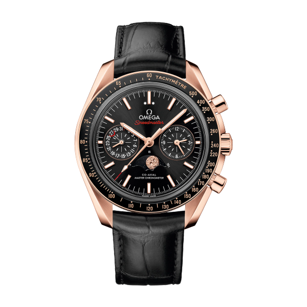 Omega Speedmaster Moonphase Black Rose Gold Alligator Leather 44.3mm