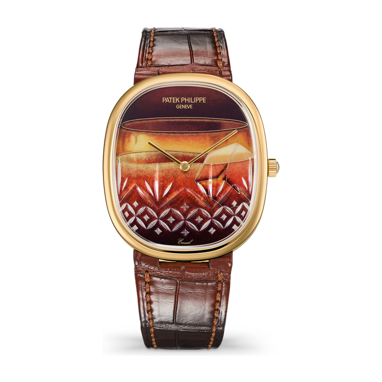 Patek Philippe "On the Rocks" Rare Handcrafts Golden Ellipse Red Yellow Gold Alligator Leather 34.5 x 39.5mm