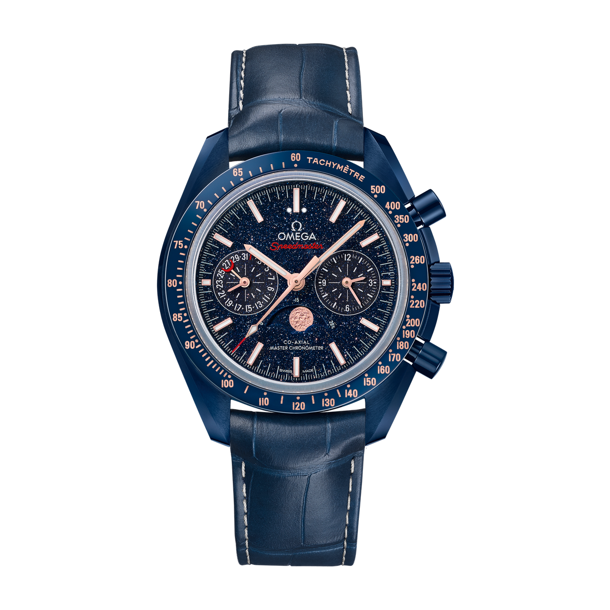 Omega "Blue Side Of The Moon" Speedmaster Moonphase Ceramic Alligator Leather 44.3mm