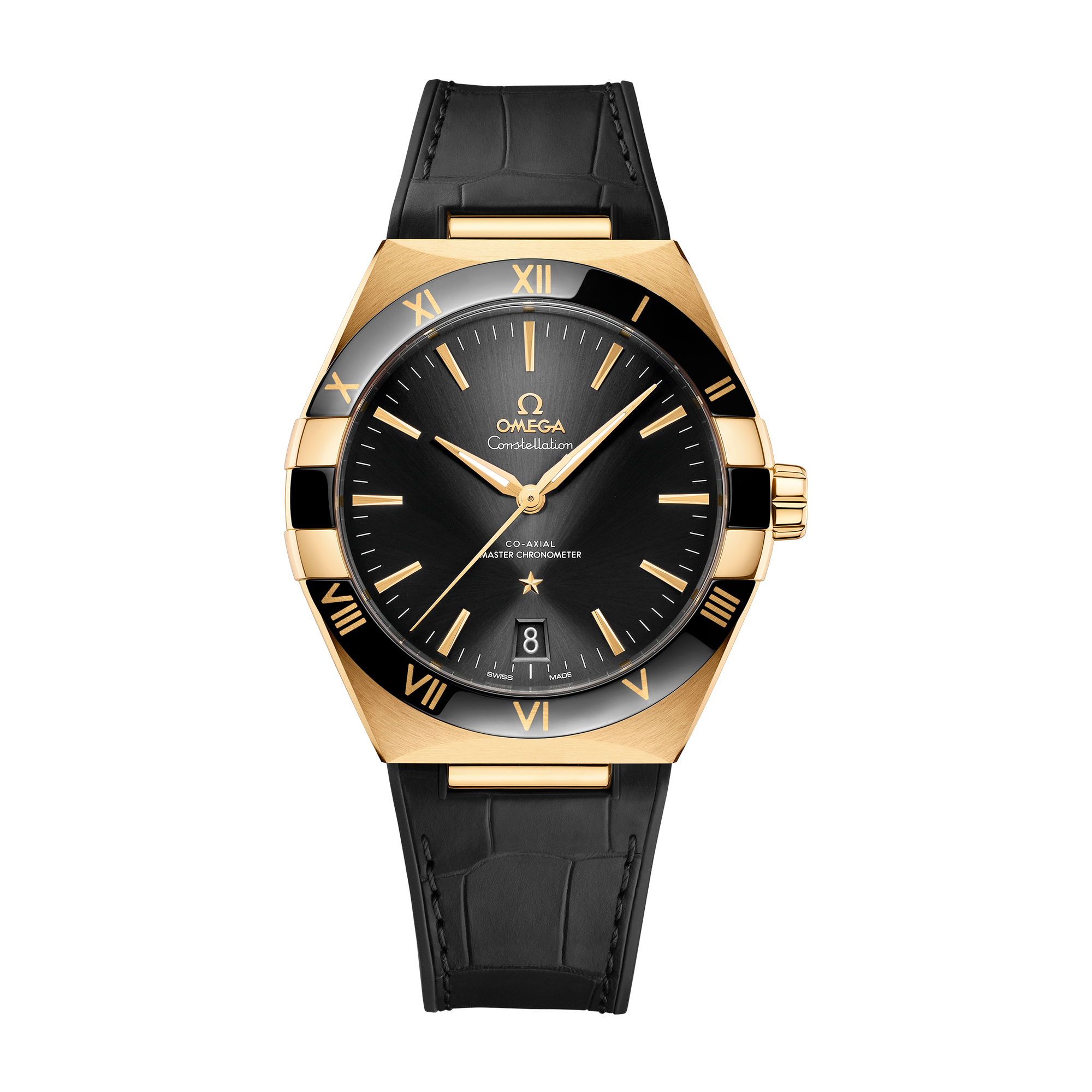 Omega Constellation Black Yellow Gold Alligator Leather 41mm