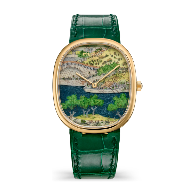 Patek Philippe "Festivities by the River" Rare Handcrafts Golden Ellipse Green Yellow Gold Alligator Leather 34.5 x 39.5mm