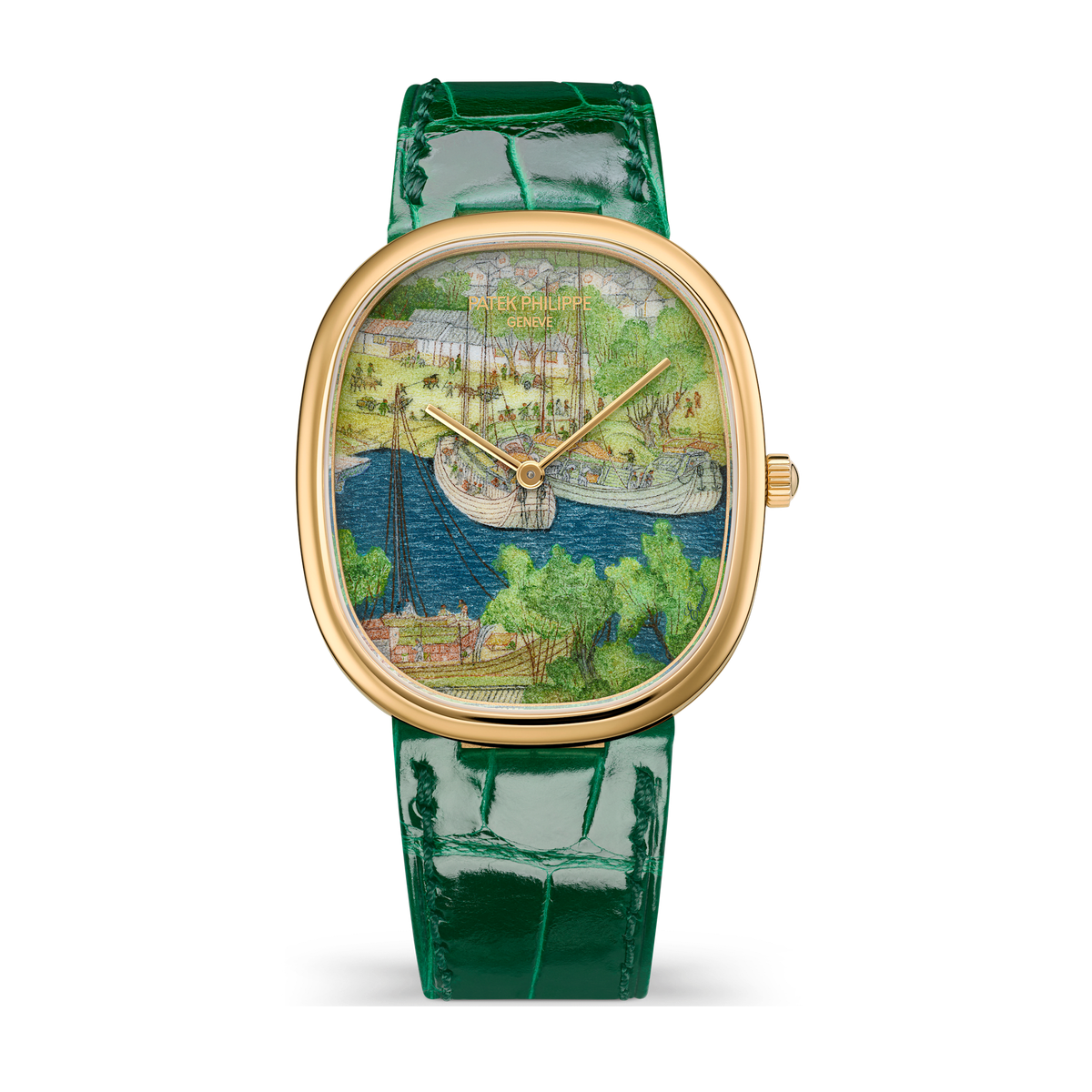 Patek Philippe "Boats in the Port" Rare Handcrafts Golden Ellipse Grey Yellow Gold Alligator Leather 34.5 x 39.5mm