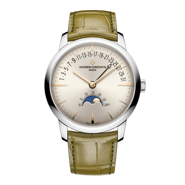 Vacheron Constantin Patrimony Moon Phase Retrograde Date Silver White Gold Alligator Leather 42.5mm