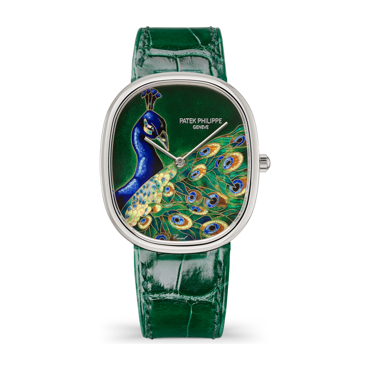 Patek Philippe "Blue Peacock" Rare Handcrafts Golden Ellipse White Gold Alligator Leather 34.5 x 39.5mm