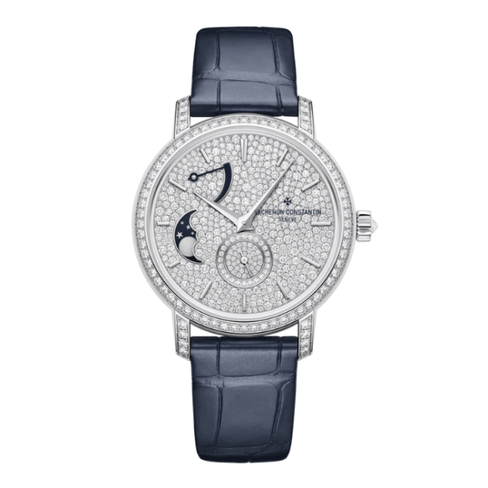 Vacheron Constantin Traditionnelle Moon Phase Diamond Pave White Gold Alligator Leather 37.5mm