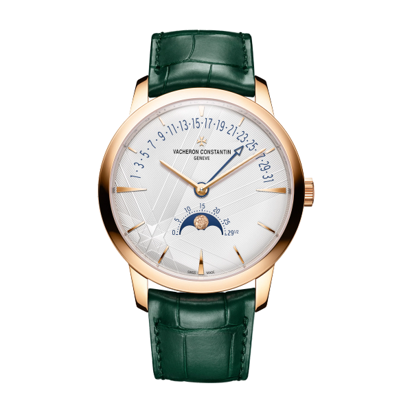 Vacheron Constantin Patrimony Moon Phase Retrograde Date Silver Rose Gold Alligator Leather 42.5mm