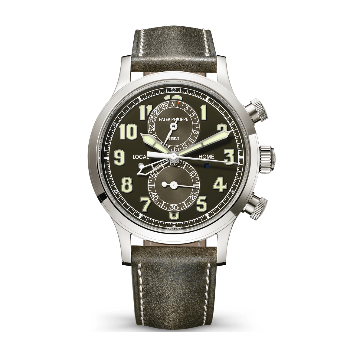 Patek Philippe Complications Calatrava Pilot Travel Time Green White Gold Leather 42mm