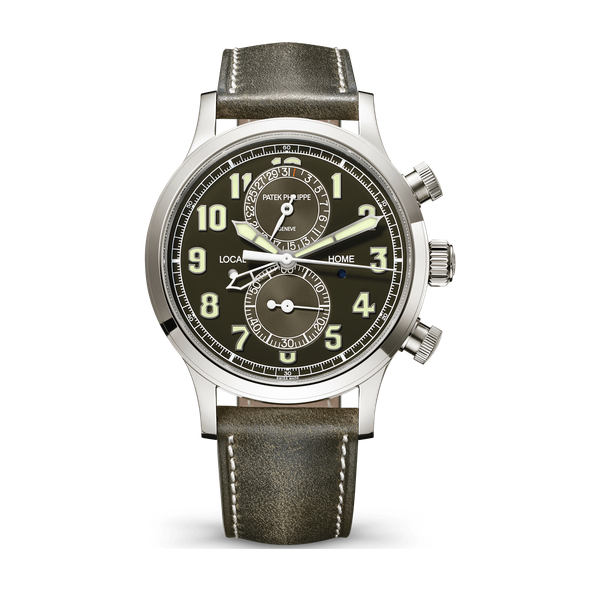 Patek Philippe Complications Calatrava Pilot Travel Time Green White Gold Leather 42mm