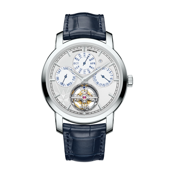 Vacheron Constantin Traditionnelle Tourbillon Perpetual Calendar Silver Platinum Alligator Leather 42mm
