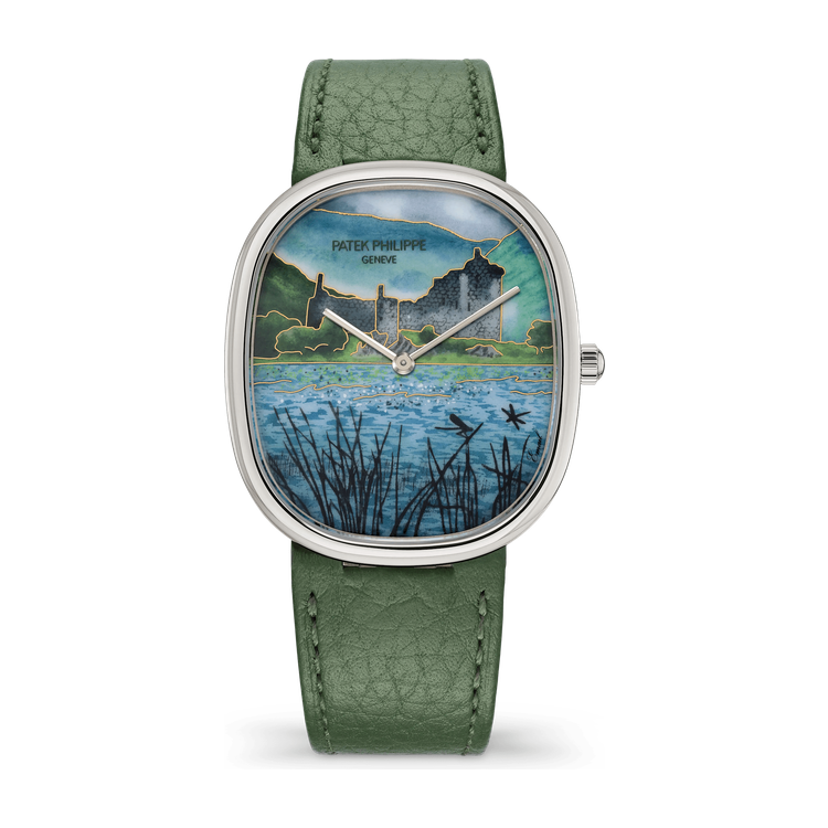 Patek Philippe "Highland Citadel" Rare Handcrafts Golden Ellipse Turquoise White Gold Leather 34.5 x 39.5mm