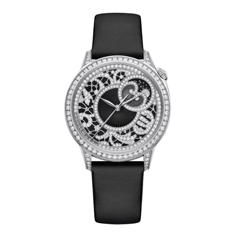 Vacheron Constantin Égérie Moon Phase Diamond Pave Rose Gold Leather 37mm