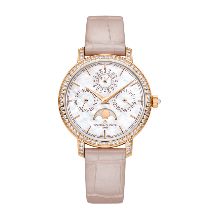 Vacheron Constantin Traditionnelle Perpetual Calendar Ultra-thin Mother of Pearl Rose Gold Alligator Leather 36.5mm