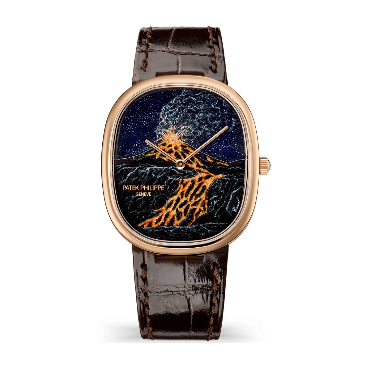 Patek Philippe "Etna" Rare Handcrafts Golden Ellipse Brown Rose Gold Alligator Leather 34.5 x 39.5mm