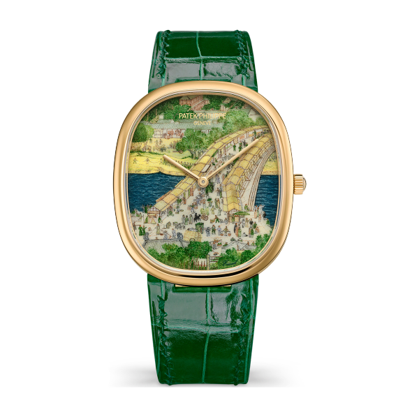 Patek Philippe "Chinese Festival" Rare Handcrafts Golden Ellipse Gold Yellow Gold Alligator Leather 34.5 x 39.5mm