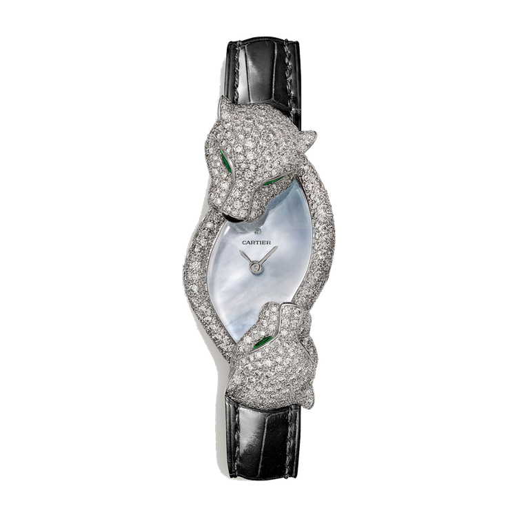 Cartier Panthère Jewelry Mother of Pearl White Gold Alligator Leather 22.6mm