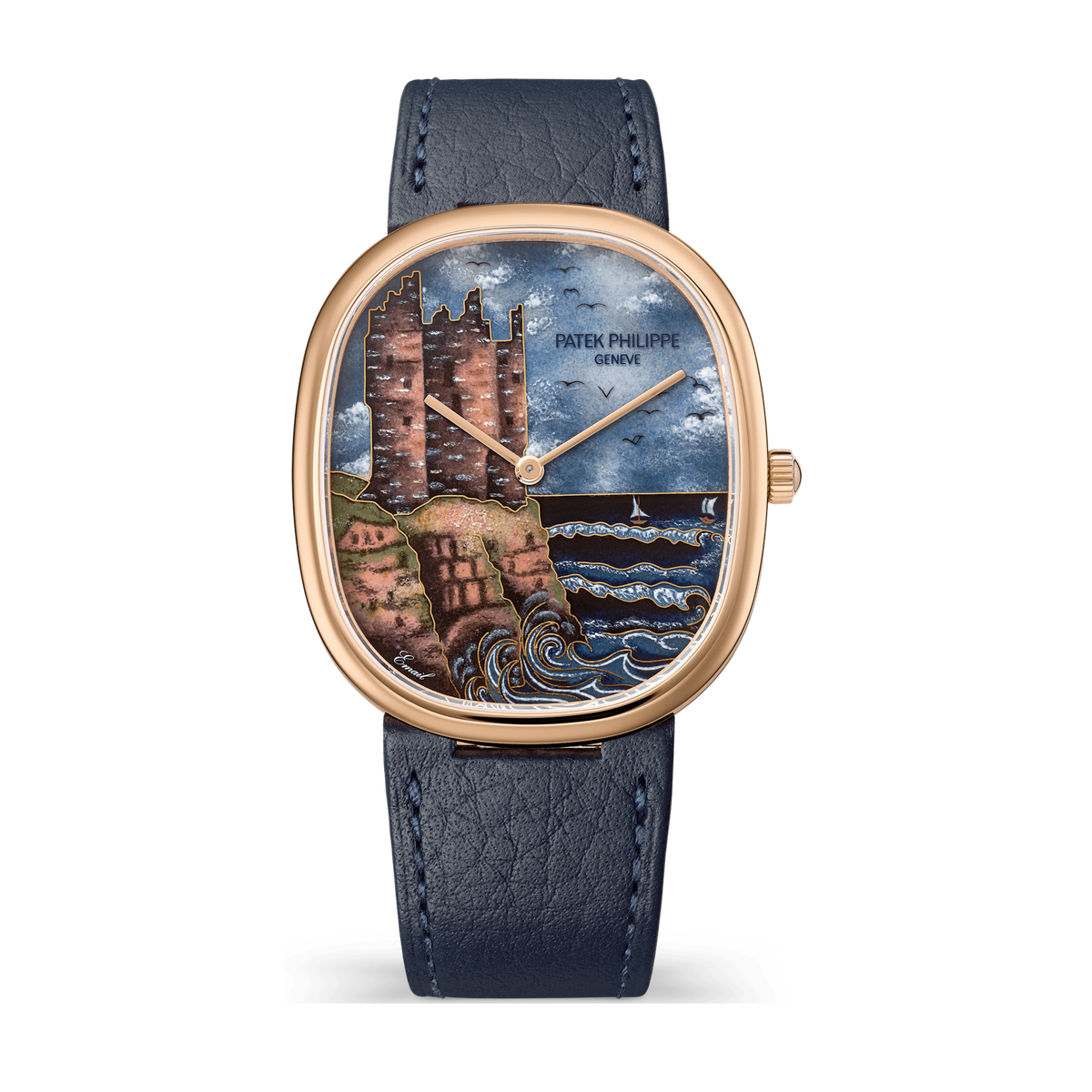 Patek Philippe "Donjons on the Cliff" Rare Handcrafts Golden Ellipse Dark Grey Rose Gold Leather 34.5 x 39.5mm