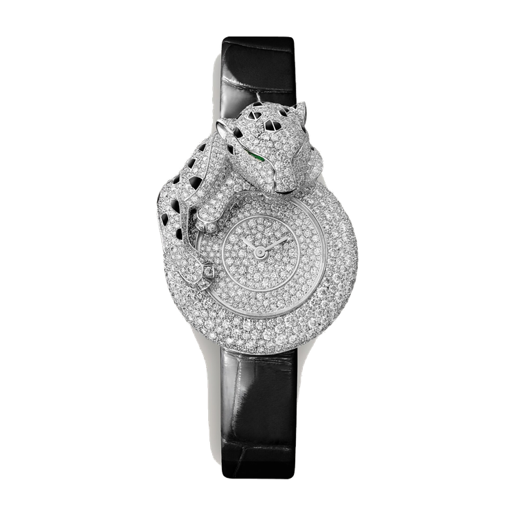 Cartier Panthère Jewelry Diamond Pave White Gold Alligator Leather 28.4mm