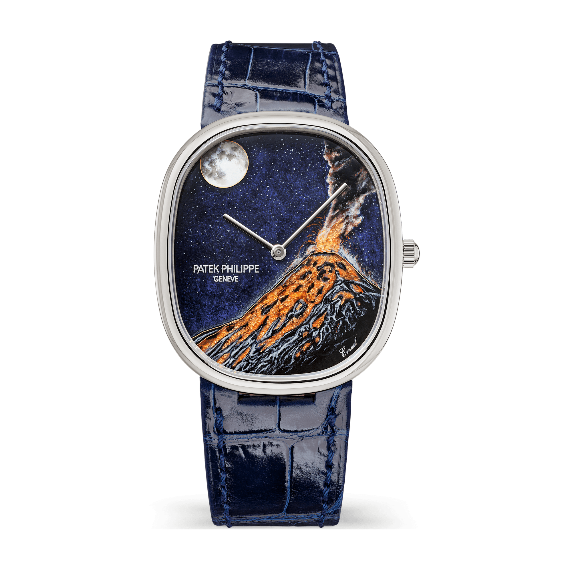 Patek Philippe "Fuego Volcano" Rare Handcrafts Golden Ellipse Brown White Gold Alligator Leather 34.5 x 39.5mm