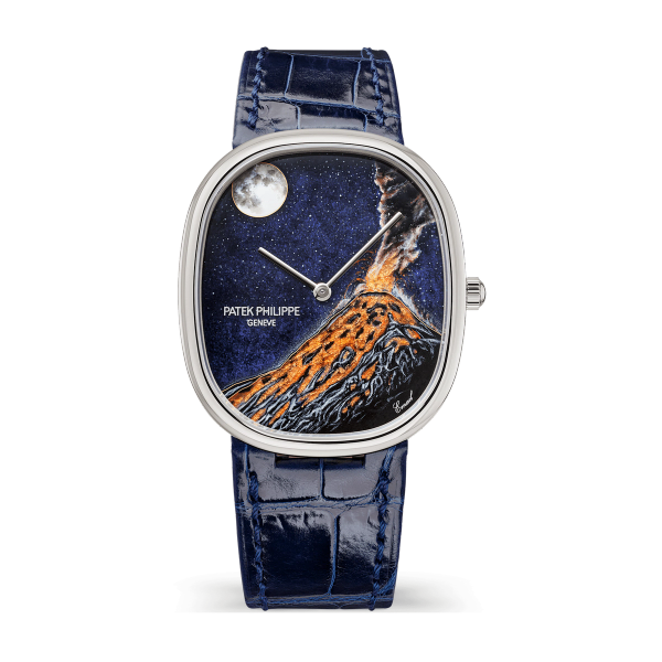 Patek Philippe "Fuego Volcano" Rare Handcrafts Golden Ellipse Brown White Gold Alligator Leather 34.5 x 39.5mm