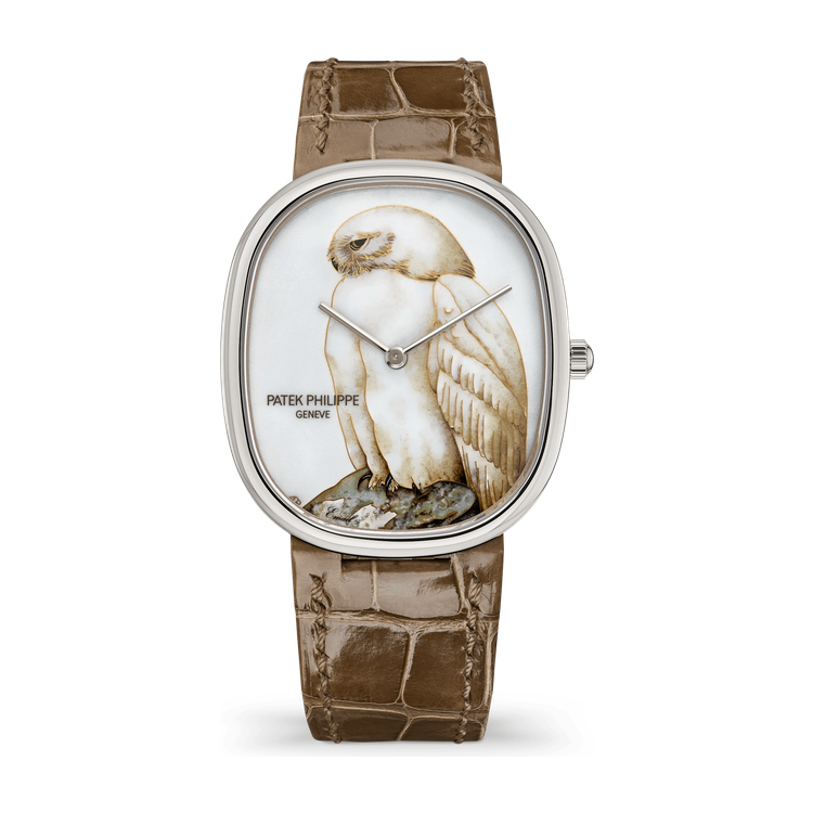 Patek Philippe "White Owl" Rare Handcrafts Golden Ellipse White Gold Alligator Leather 34.5 x 39.5mm
