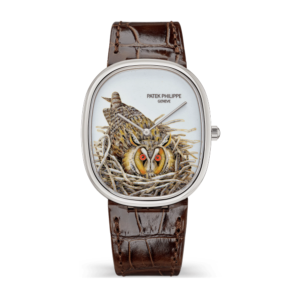 Patek Philippe "Brown Owl" Rare Handcrafts Golden Ellipse White Gold Alligator Leather 34.5 x 39.5mm