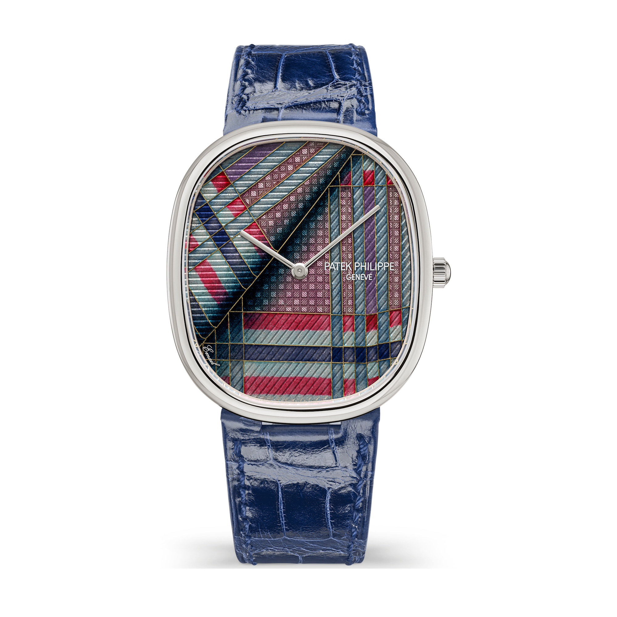 Patek Philippe "Blue Tartan" Rare Handcrafts Golden Ellipse White Gold Alligator Leather 34.5 x 39.5mm