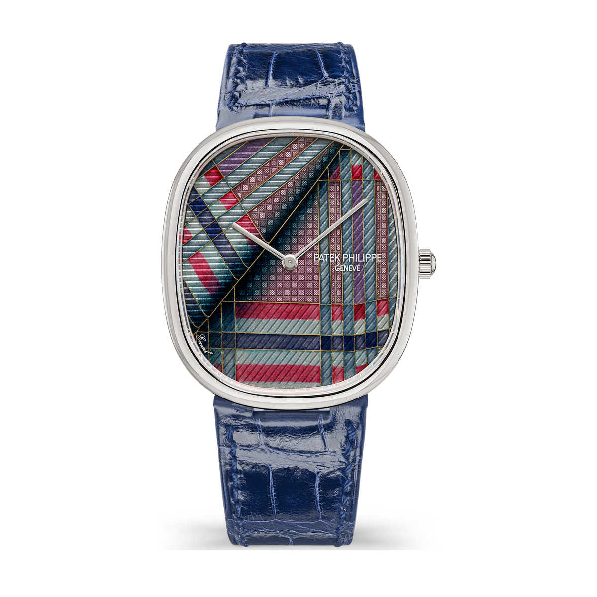 Patek Philippe "Blue Tartan" Rare Handcrafts Golden Ellipse White Gold Alligator Leather 34.5 x 39.5mm
