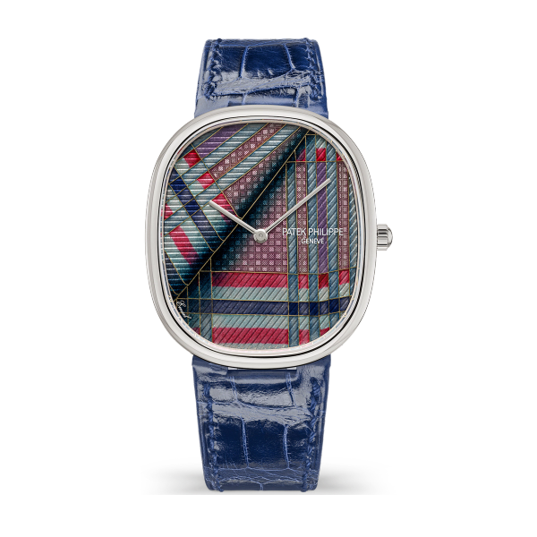 Patek Philippe "Blue Tartan" Rare Handcrafts Golden Ellipse White Gold Alligator Leather 34.5 x 39.5mm