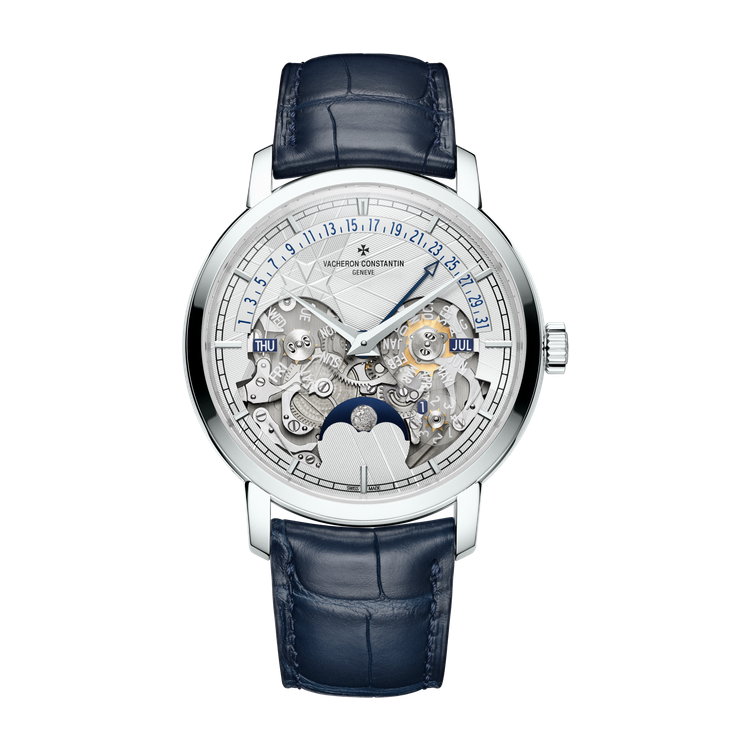 Vacheron Constantin Traditionnelle Perpetual Calendar Retrograde Date Openface Silver Platinum Alligator Leather 41mm