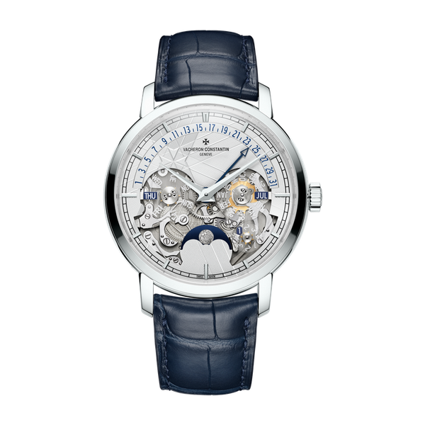 Vacheron Constantin Traditionnelle Perpetual Calendar Retrograde Date Openface Silver Platinum Alligator Leather 41mm