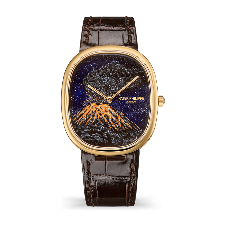 Patek Philippe "Mount Merapi" Rare Handcrafts Golden Ellipse Dark Grey Yellow Gold Alligator Leather 34.5 x 39.5mm
